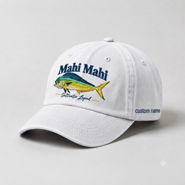 Mahi Mahi Saltwater Legend Custom Name Embroidered Hat Fishing Hat, Dorado Fish Cap