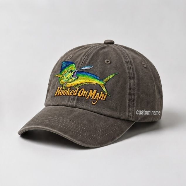 Hooked On Mahi Custom Name Embroidered Fishing Hat, Dorado Fish Cap