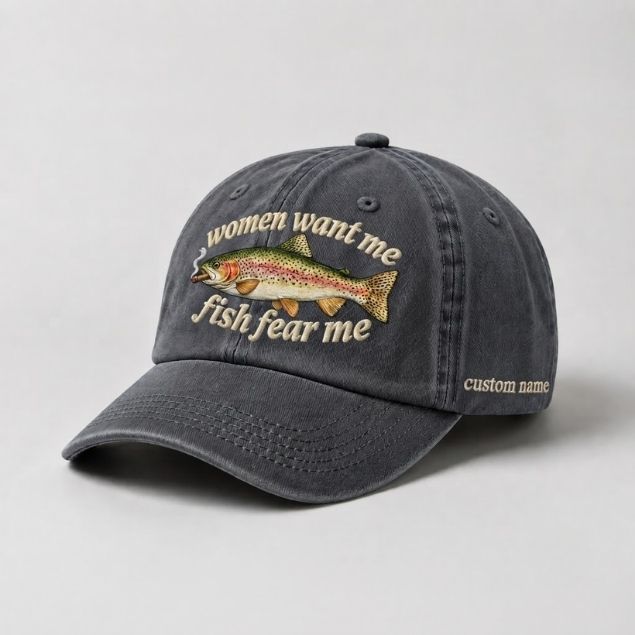 Women Want Me Fish Fear Me Rainbow Trout Embroidered Custom Name Fishing Cap, Funny Trout Fisherman Gift
