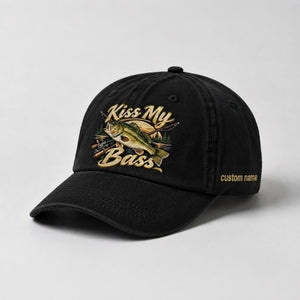 Kiss My Bass Custom Name Embroidered Hat, Largemouth Bass Fishing Rod Cap, - 2