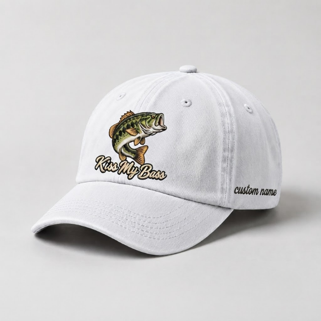 Kiss My Bass Hat Custom Name Fishing Embroidered, Bass Angler Gift
