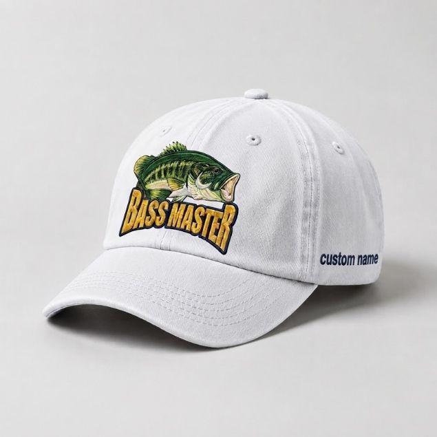 Master Baiter Bass Fishing Hat, Largemouth Bass Embroidered Cap with Custom Name