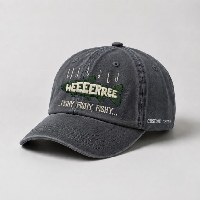 Embroidered HEEEERRREE Fishy Fishy Fishy Custom Name Hat, Funny Fishing Vintage Washed Dad Cap
