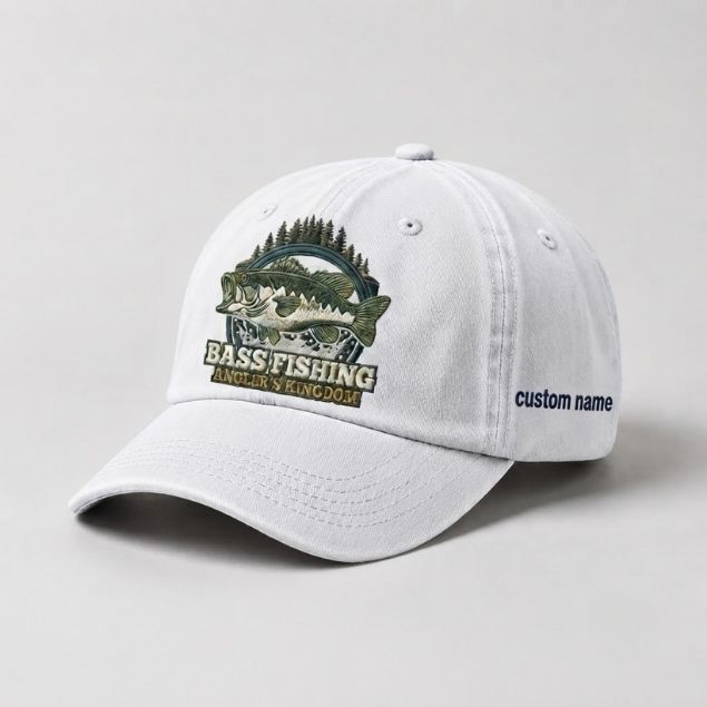 Bass Fishing Angler's Kingdom Cap Custom Name Embroidered Hat, Vintage Washed Black Dad Hat