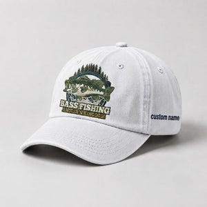 Bass Fishing Angler's Kingdom Cap Custom Name Embroidered Hat, Vintage Washed Black Dad Hat - 4