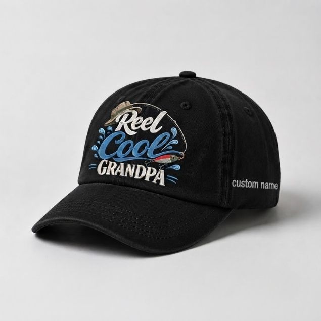 Reel Cool Grandpa Custom Name Embroidered Hat, Vintage Washed Fishing Grandpa Cap, Angler Grandfather Gift