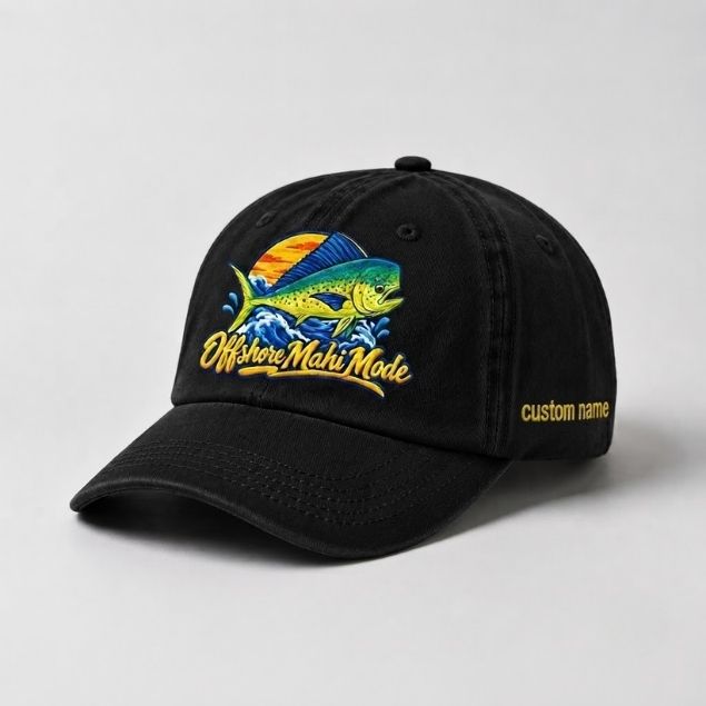 Offshore Mahi Mode Custom Name Embroidered Hat, Saltwater Fisherman Gift