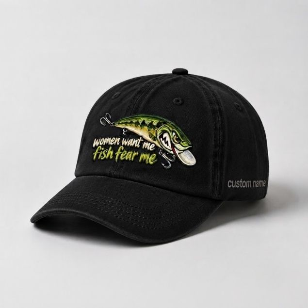 Women Want Me Fish Fear Me Largemouth Bass Lure Embroidered Custom Name Fishing Cap, Funny Bass Fishing Gift