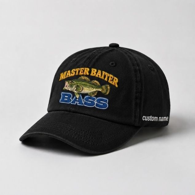 Master Baiter Bass Fishing Hat, Largemouth Bass Embroidered Cap with Custom Name