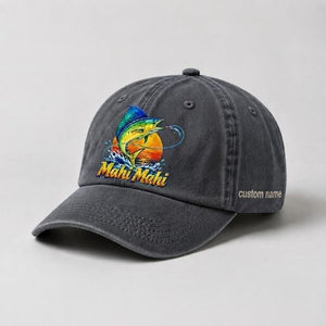Mahi Mahi Custom Name Embroidered Fishing Hat, Saltwater Fishing Gift - 1