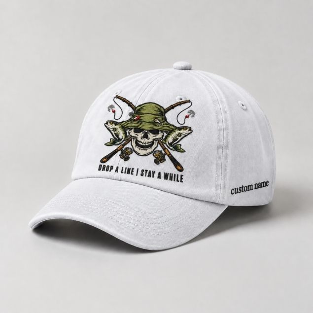 Drop A Line | Stay A While Dad Hat, Personalized Fishing Cap, Custom Name Embroidery Baseball Cap, Outdoor Angler Gift