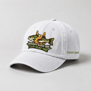 Women Want Me Fish Fear Me Largemouth Bass Rock Hand Custom Name Embroidered Fishing Hat - 4