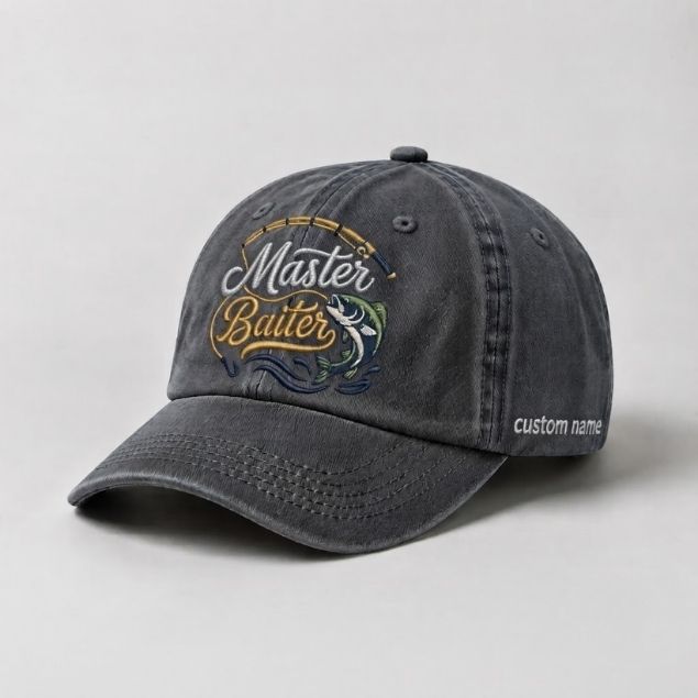 Master Baiter Bass Fishing Custom Name Embroidered Hat, Bass Angler Embroidered Cap with Largemouth Bass