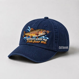 Women Want Me Fish Fear Me Brown Trout Custom Name Embroidered Fishing Cap, Funny Trout Angler Gift - 3