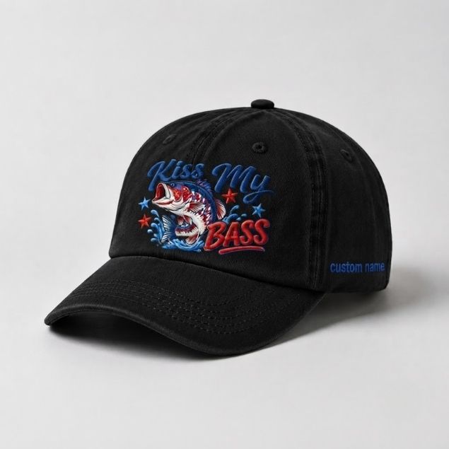 Kiss My Bass Custom Name Embroidered Hat, USA Flag Largemouth Bass Fishing Cap