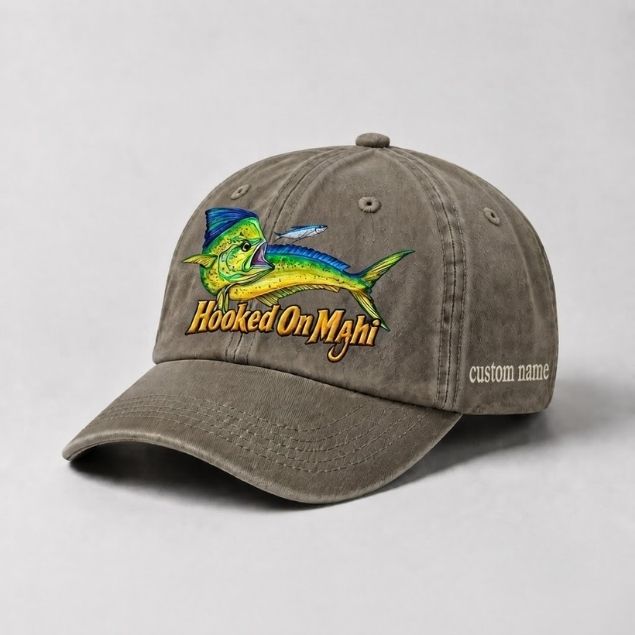 Hooked On Mahi Custom Name Embroidered Fishing Hat, Dorado Fish Cap