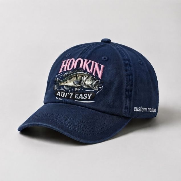 Hookin Ain'T Easy Bass Fishing Embroidered Cap With Custom Name, Washed Cotton Hat For Women
