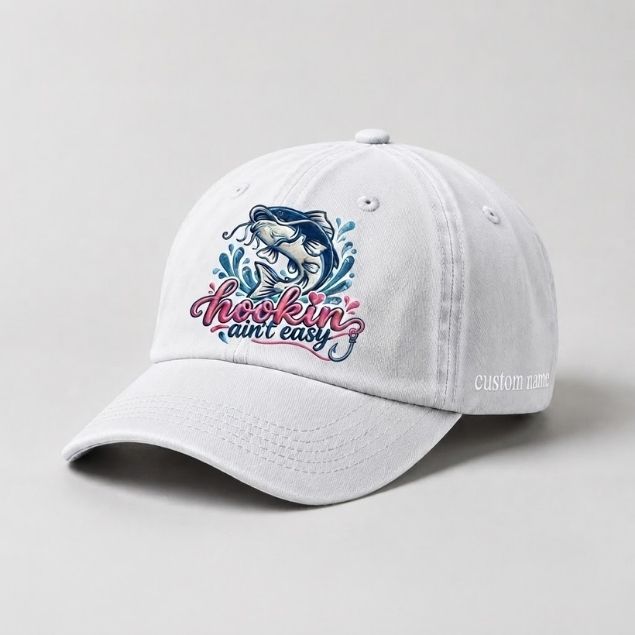 Hookin Ain't Easy Bass Fish Embroidered Hat, Custom Name Fishing Cap for Women