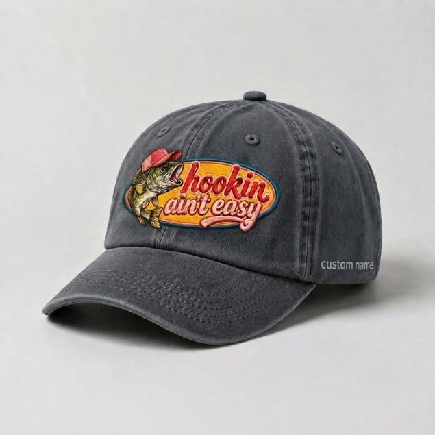Hookin Aint Easy Bass Fish Custom Name  Embroidery Cap, Vintage Washed Cotton Hat For Women