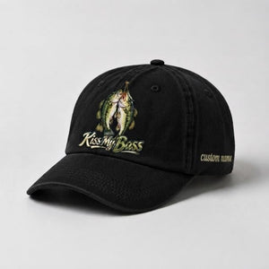 Kiss My Bass Custom Name Embroidered Hat, Largemouth Double Bass Fishing Cap - 2