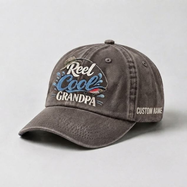 Reel Cool Grandpa Custom Name Embroidered Hat, Vintage Washed Fishing Grandpa Cap, Angler Grandfather Gift