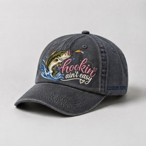 Hookin Ain't Easy Custom Name Largemouth Bass Fishing Embroidered Hat for Women - 1