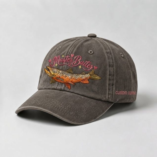 Master Baiter Hat Brown Trout Embroidered Custom Name Fishing Cap For Women
