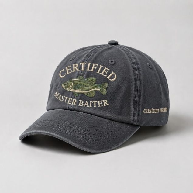 Certified Master Baiter Embroidered Hat, Custom Name Fishing Hat, Funny Bass Fishing Cap, Outdoor Angler Gift