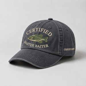 Certified Master Baiter Embroidered Hat, Custom Name Fishing Hat, Funny Bass Fishing Cap, Outdoor Angler Gift - 1