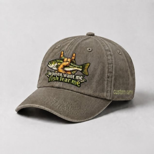 Women Want Me Fish Fear Me Largemouth Bass Rock Hand Custom Name Embroidered Fishing Hat