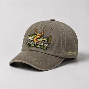 Women Want Me Fish Fear Me Largemouth Bass Rock Hand Custom Name Embroidered Fishing Hat - 6