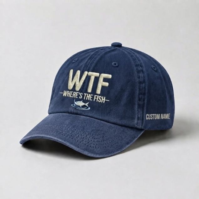 WTF Where's The Fish Custom Name Embroidered Vintage Washed Cotton Baseball Cap, Funny Fishing Gift Hat