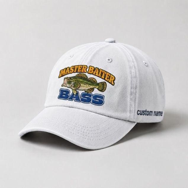 Master Baiter Bass Fishing Hat, Largemouth Bass Embroidered Cap with Custom Name