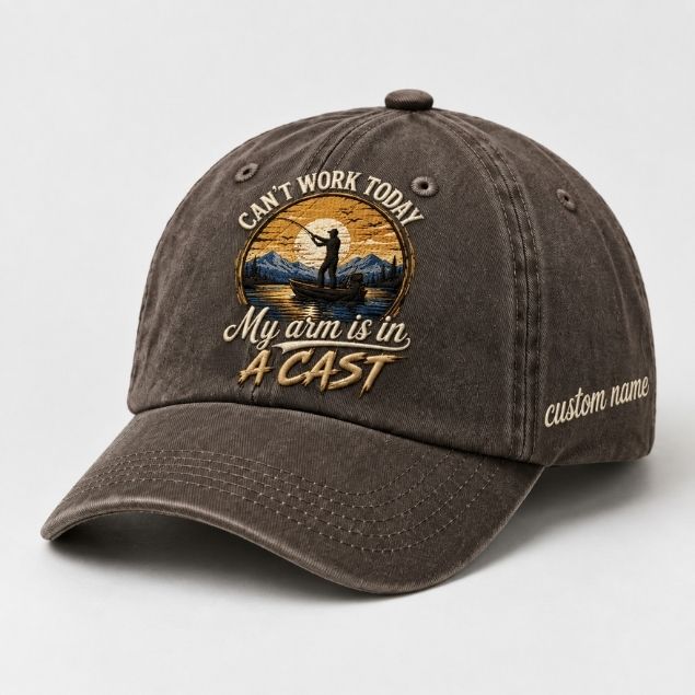 Can't Work Today My Arm Is In A Cast Embroidered Fishing Hat, Custom Name Personalized Baseball Cap, Angler Boat Sunset Embroidery Hat