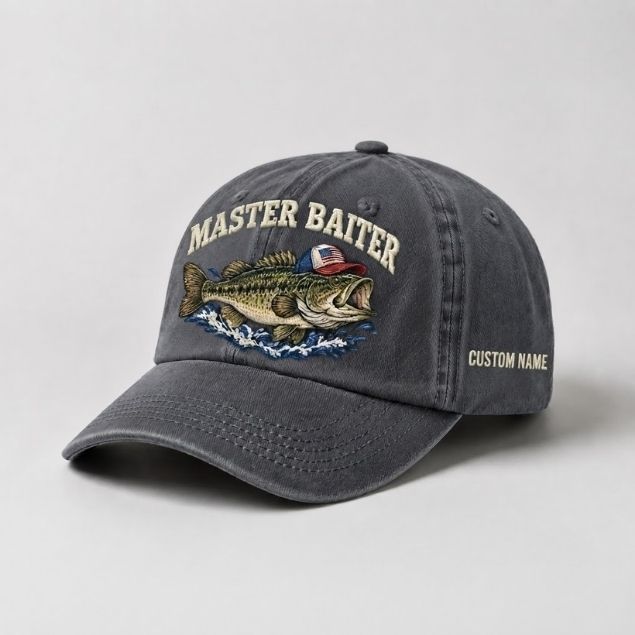 Master Baiter Bass Fishing Hat, Largemouth Bass Wave Embroidery Cap with Custom Name