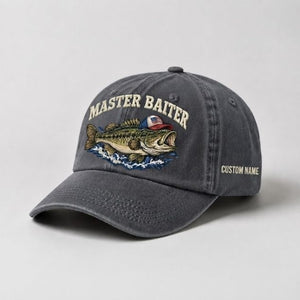 Master Baiter Bass Fishing Hat, Largemouth Bass Wave Embroidery Cap with Custom Name - 1