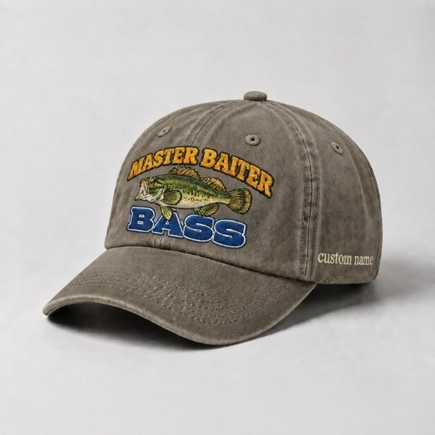 Master Baiter Bass Fishing Hat, Largemouth Bass Embroidered Cap with Custom Name