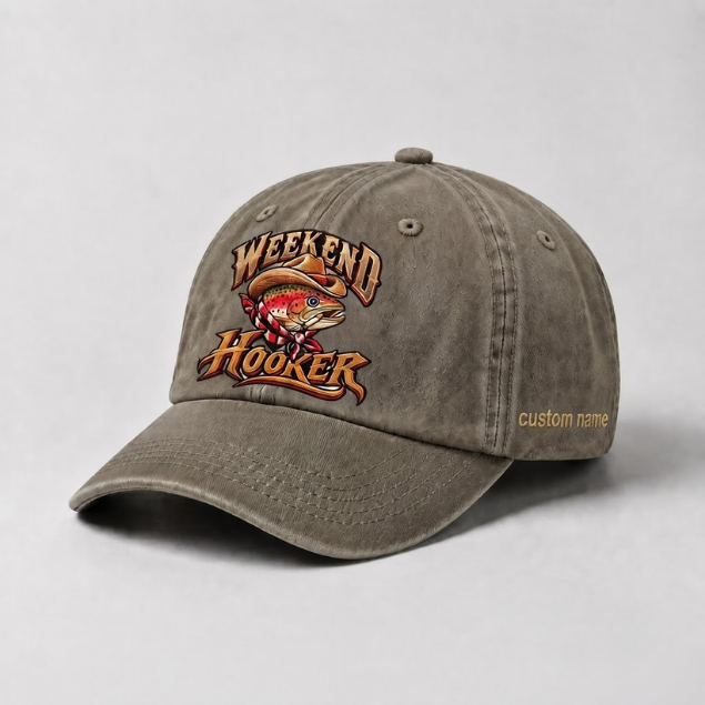 Weekend Hooker Rainbow Trout Embroidered Hat Custom Name Fishing Gift