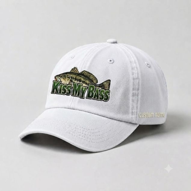 Kiss My Bass Custom Name Embroidered Hat, Largemouth Bass Fishing Cap Gift