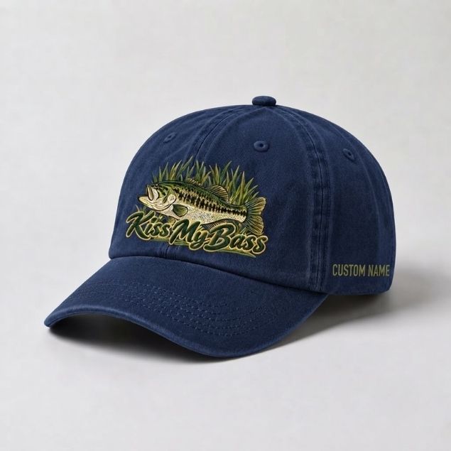 Kiss My Bass Hat Custom Name Embroidered Largemouth Bass Fishing, Fisherman Gift