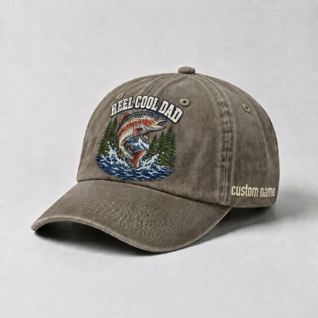 Reel Cool Dad Custom Name Embroidered  Hat, Vintage Washed Fishing Dad Cap, Angler Father's Day Gift