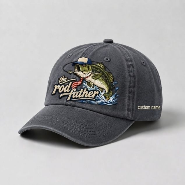 The Rod Father Custom Name Embroidered Fishing Hat, Largemouth Bass Fish Vintage Washed Baseball Cap