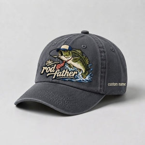 The Rod Father Custom Name Embroidered Fishing Hat, Largemouth Bass Fish Vintage Washed Baseball Cap - 1