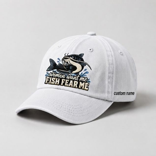 Women Want Me Fish Fear Me Catfish Hat, Custom Name Embroidered Fishing Cap