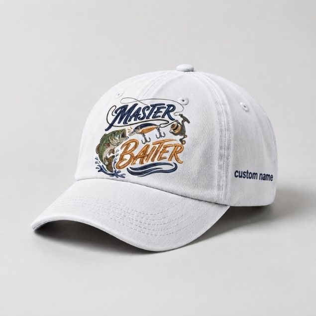 Master Baiter Bass Custom Name Embroidered Fishing Hat, Largemouth Bass Angler Cap