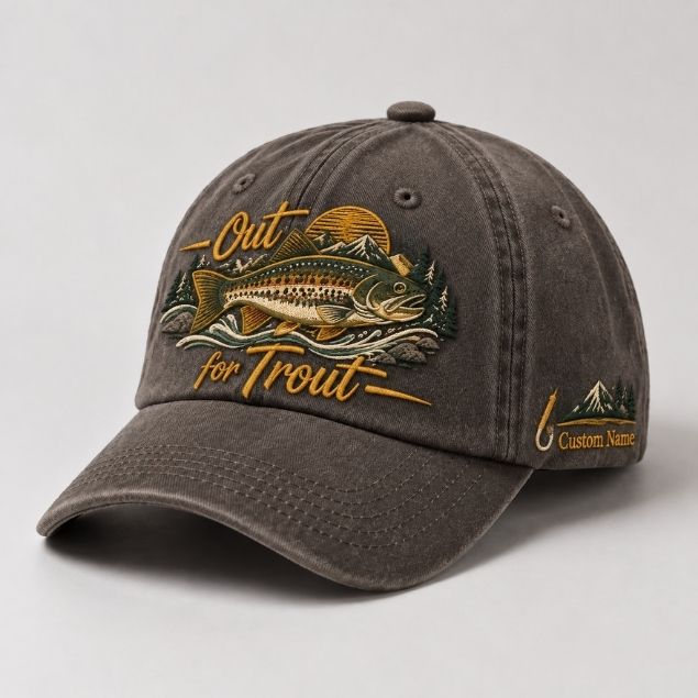 Vintage Trout Fishing Embroidered Hat Design, Custom Fisherman Cap Artwork
