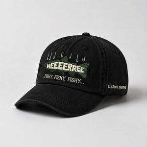 Embroidered HEEEERRREE Fishy Fishy Fishy Custom Name Hat, Funny Fishing Vintage Washed Dad Cap - 2