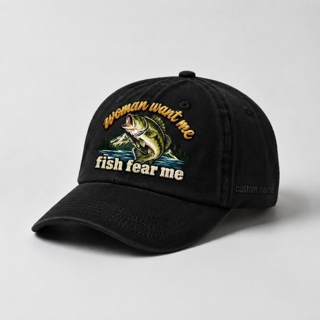 Women Want Me Fish Fear Me Largemouth Bass Embroidered Custom Name Fishing Cap, Mountain Lake Fishing Gift