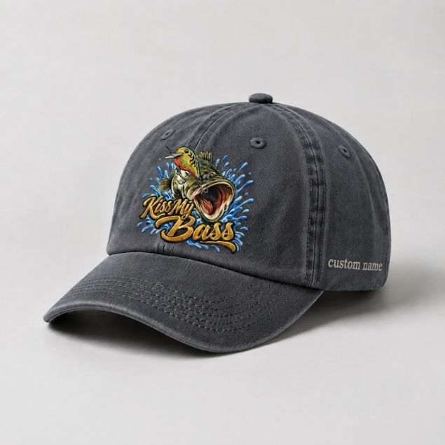 Kiss My Bass Custom Name Embroidered Hat, Largemouth Bass Lure Fishing Cap