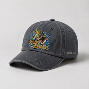 Kiss My Bass Custom Name Embroidered Hat, Largemouth Bass Lure Fishing Cap - 1